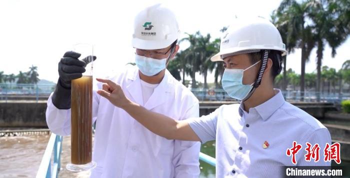 图为邹启贤(右)在净化厂研究污水处理情况。　何俊杰 摄
