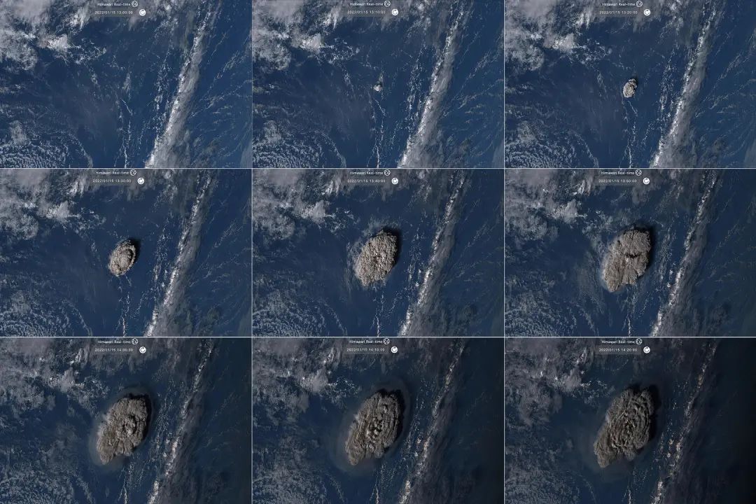 ▲1月15日，日本气象卫星“海马8号”拍摄的汤加海底火山喷发图像。