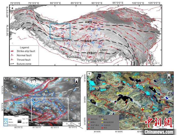 青藏高原研究区域地质构造图和湖泊水量平衡观测点位置。　中科院青藏高原所 供图