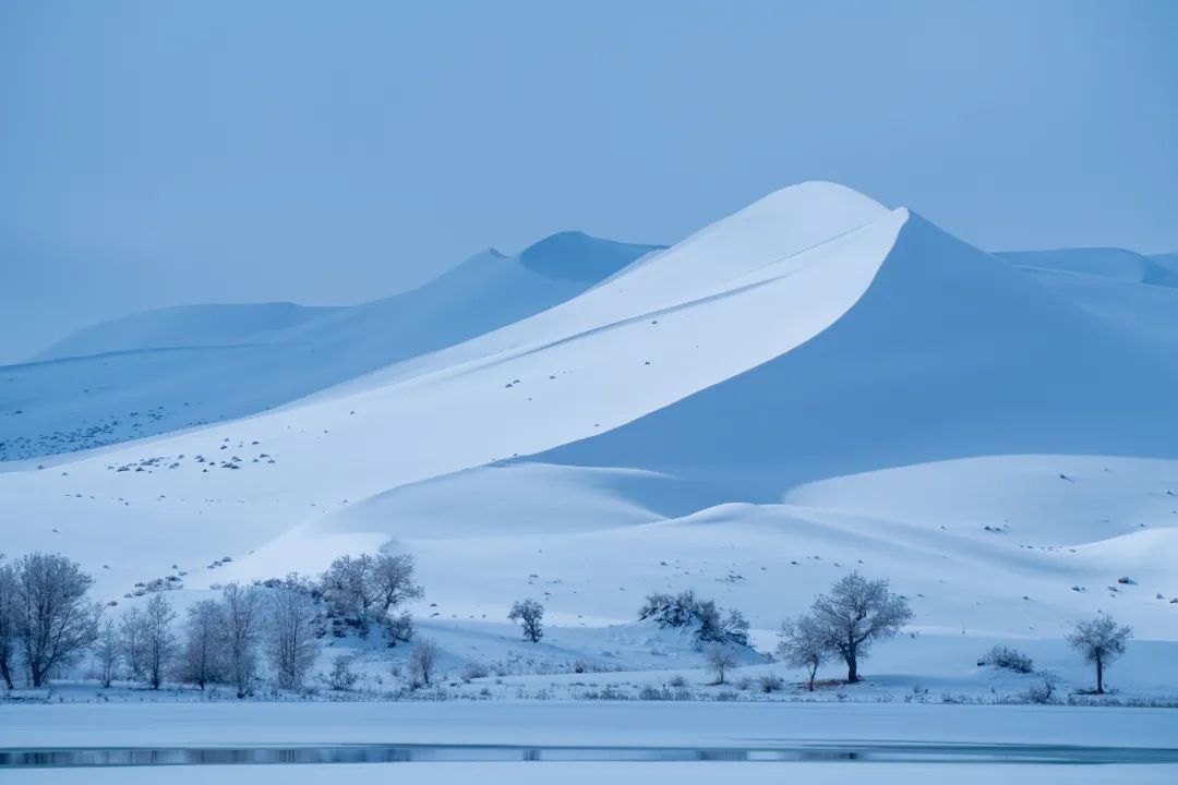 ▲2021年11月28日，位于新疆巴音郭楞蒙古自治州尉犁县的罗布湖，披上了银装的沙漠、胡杨及湖泊形成一幅美丽的画卷。（视觉中国）